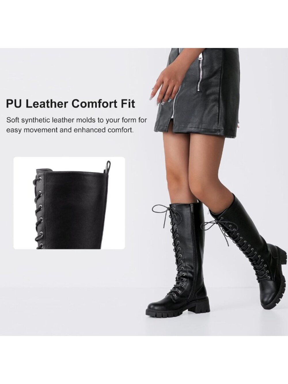 Lace-Up Chunky Heel Knee High Combat Boots | Comfortable Tall Goth Style for - Picture 4 of 9